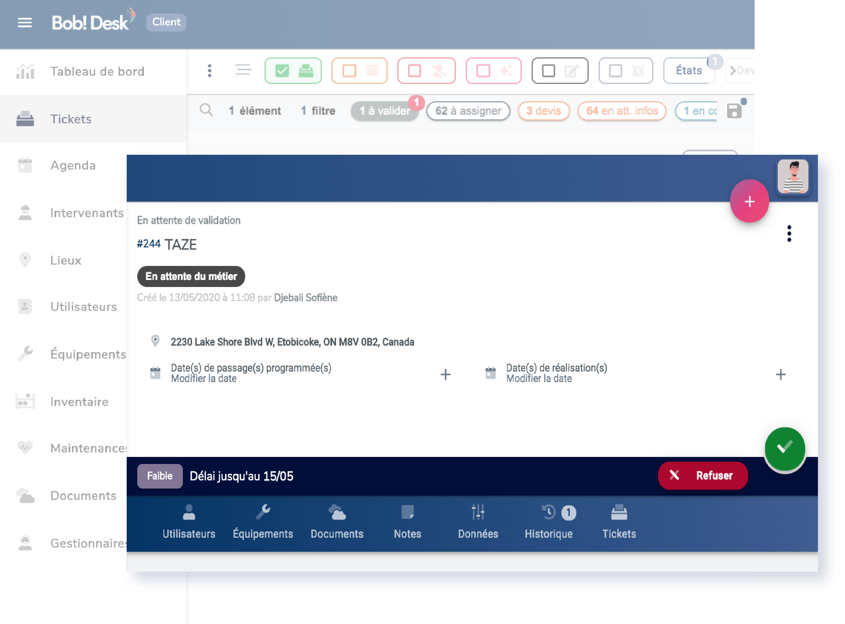 Bob Desk - GMAO - Ticket fonctionnalites - validation Bob Desk - GMAO - Ticket fonctionnalites - validation