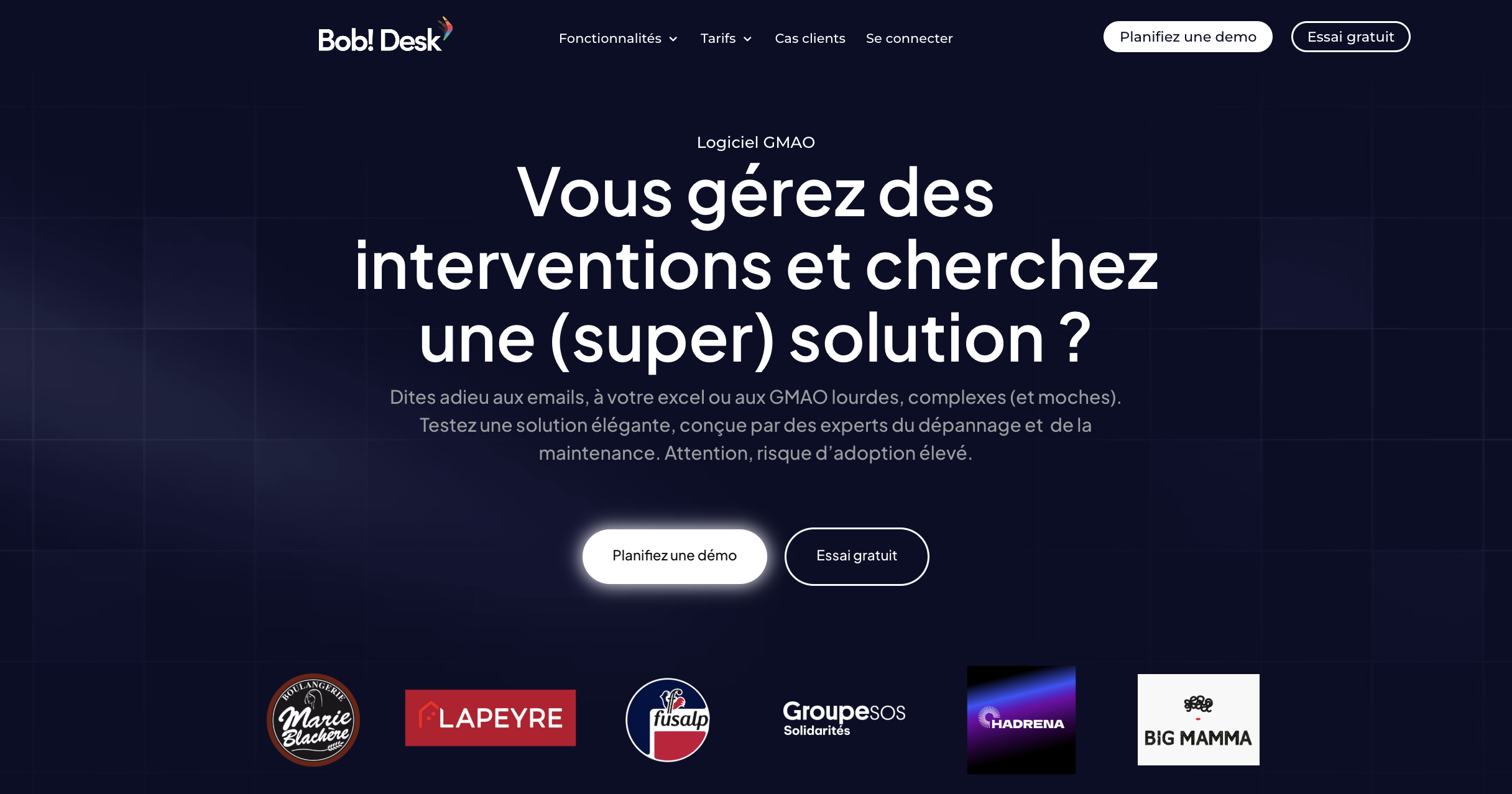 Capture d'écran de la GMAO Bob! Desk, solution SaaS de gestion d'interventions et de maintenance.