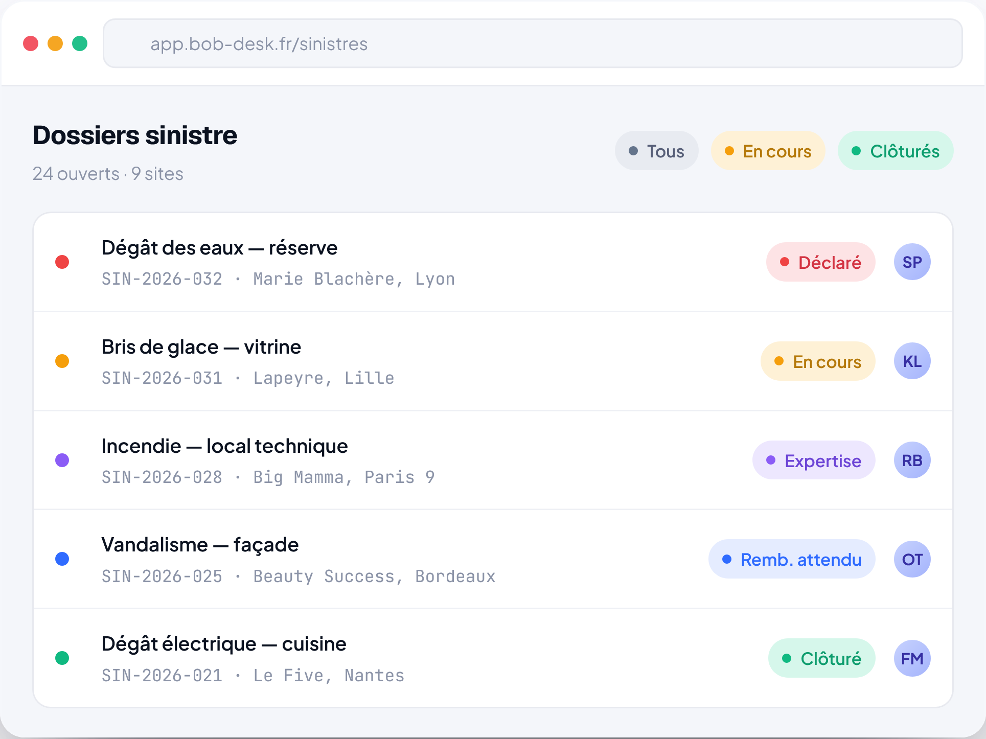 Interface Bob! Desk - Dossiers sinistre